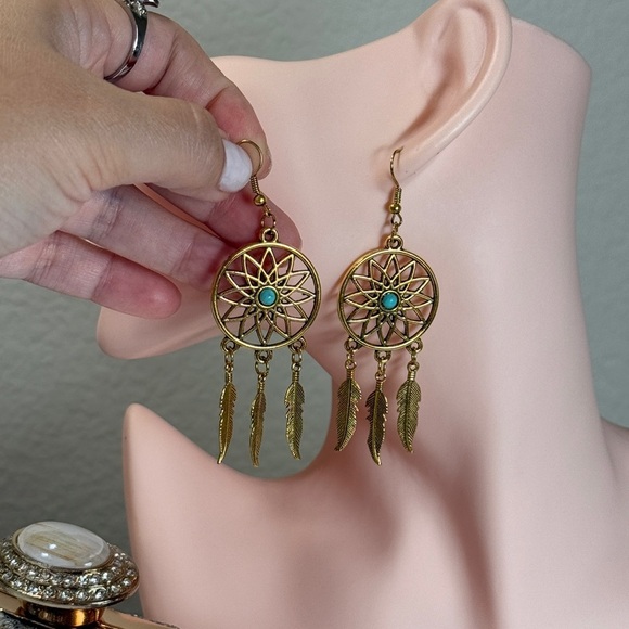 ⚜️ Western Style Gold Dreamcatcher Earrings with Turquoise - Picture 5 of 5